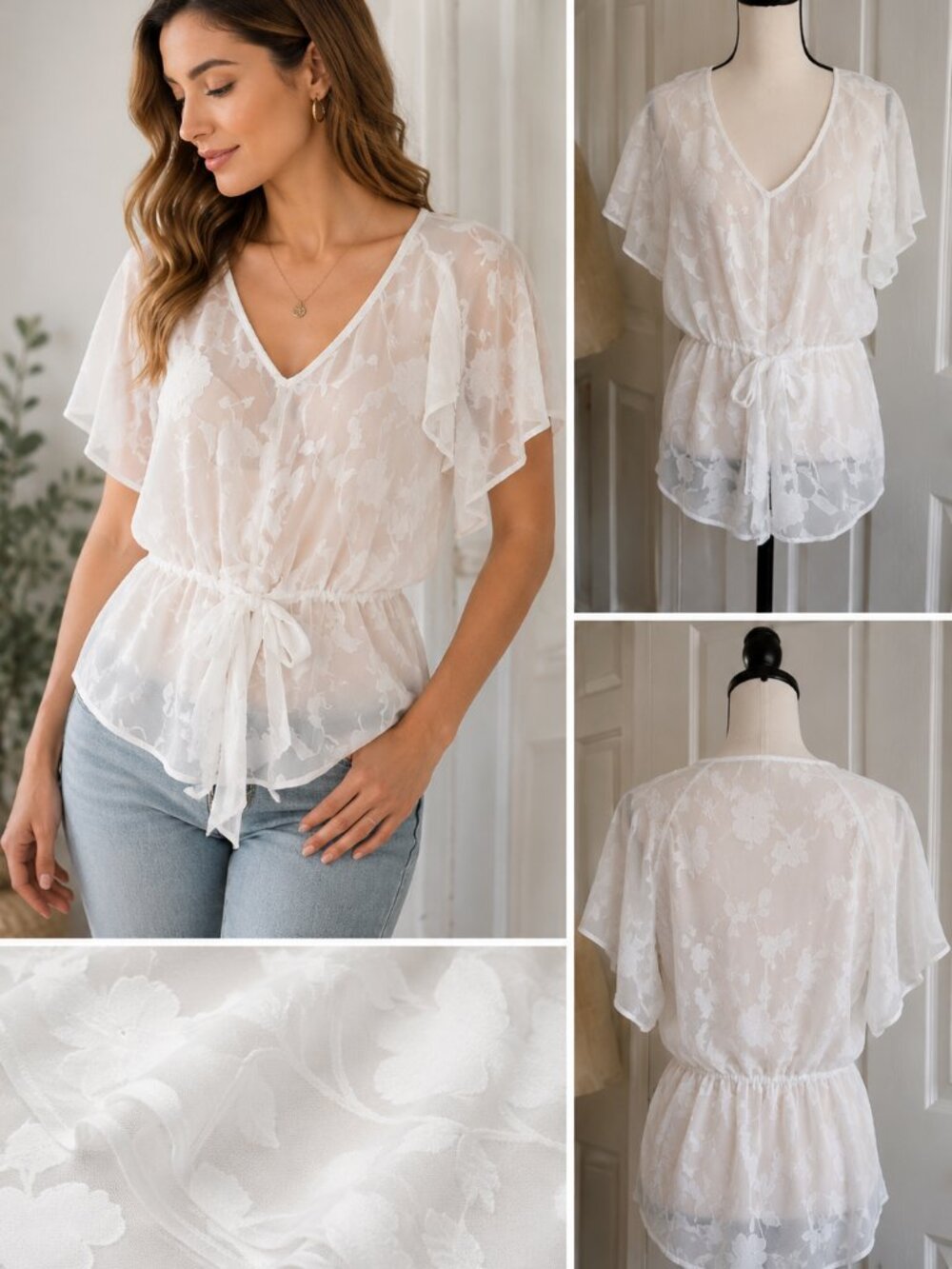 Marc New York White Sheer Floral Blouse Women's Size M Tie Waist V Neck Top